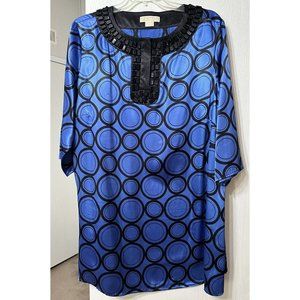 Michael Kors Retro Pop Beaded Neck Dress Blue &‎ Black Geometric Long Sleeve 22W